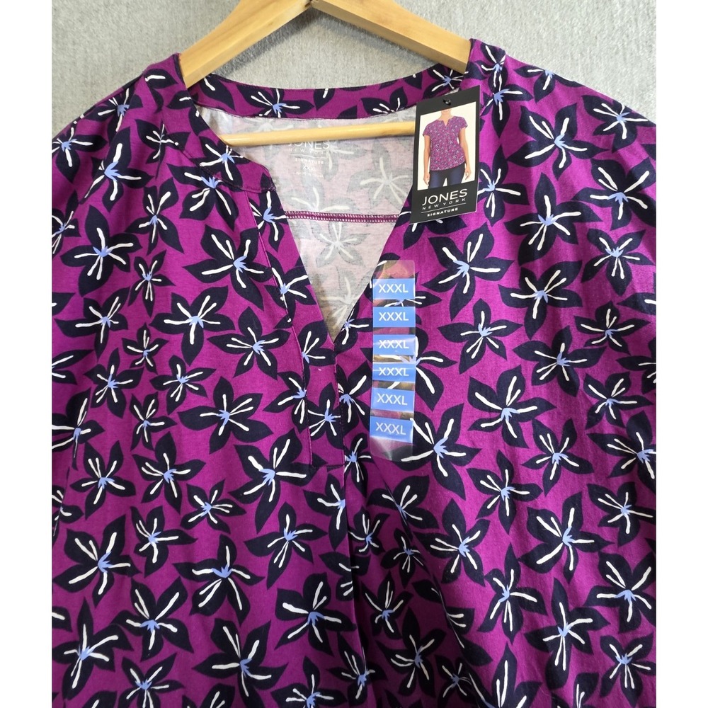 Jones New York Signature Womens 3XL Tunic Top Purple Hollyhock Print V Neck NEW